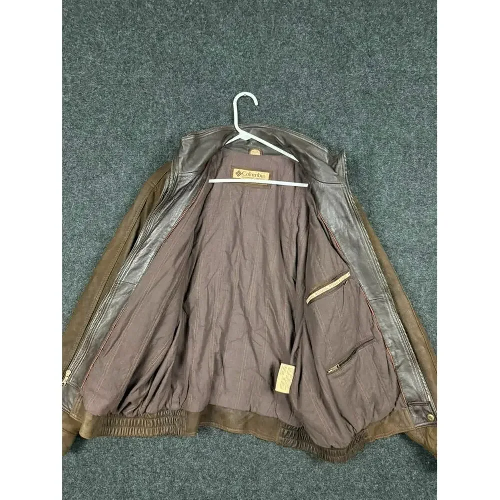 Columbia Sportswear Brown Leather Bomber Jacket Mens XL Tall Insulated Coat